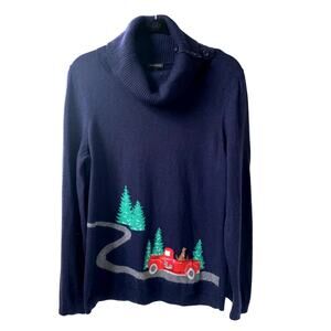 Talbots Womens Sweater Blue Christmas Holiday Red Truck Lambswool Blend Navy M